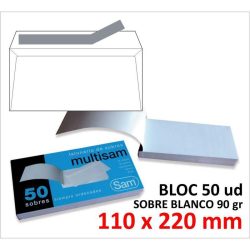 SOBRE DE PAPEL SAM BLANCO 110X220 TIRA BLOC 50