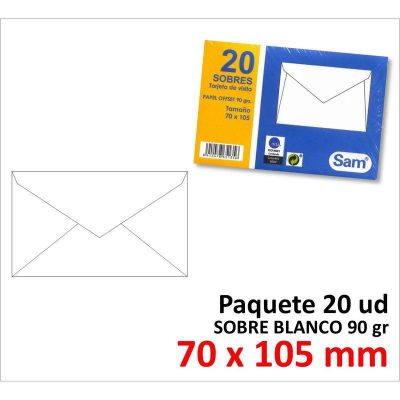 SOBRE DE PAPEL SAM BLANCO 70X105 MM ENGOMADO P/20